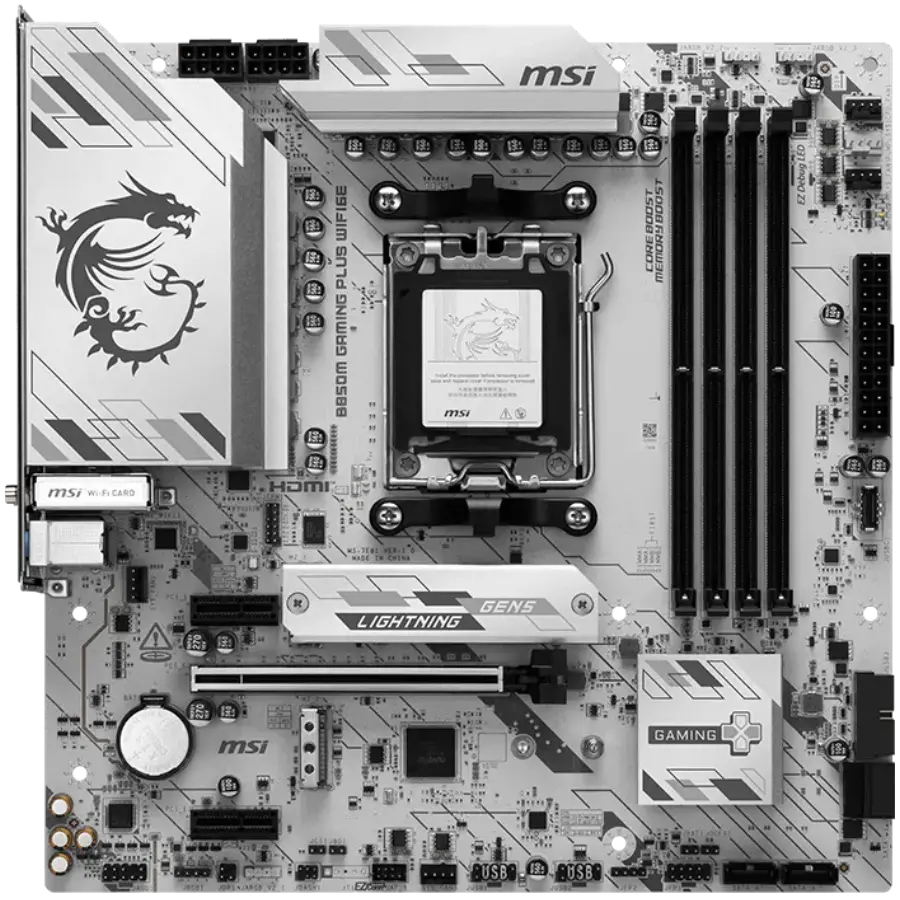MSI B850M GAMING PLUS WIFI6E, mATX, Socket AM5, 4x DDR5 Dual Channel DDR5 up to 8200(OC)MHz, 1x PCIe x16 slot, 2x M.2 slot, 4x USB 5Gbps, 3x USB 10Gbps, 1x USB 10Gbps Type-C, HDMI, DP, 7.1 HD Audio, 2.5G LAN, WIFI, BT, 3Y - image 1