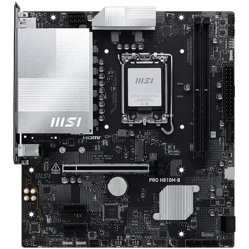 MSI PRO H810M-B, mATX, LGA 1851, 2x DDR5 Dual Channel DDR5 up to 6400(OC)MHz, 1x PCIe x16 slot, 1x M.2 slot, 4x USB 2.0, 2x USB 5Gbps, HDMI, DP, 7.1 HD Audio, 2.5G LAN, 3Y