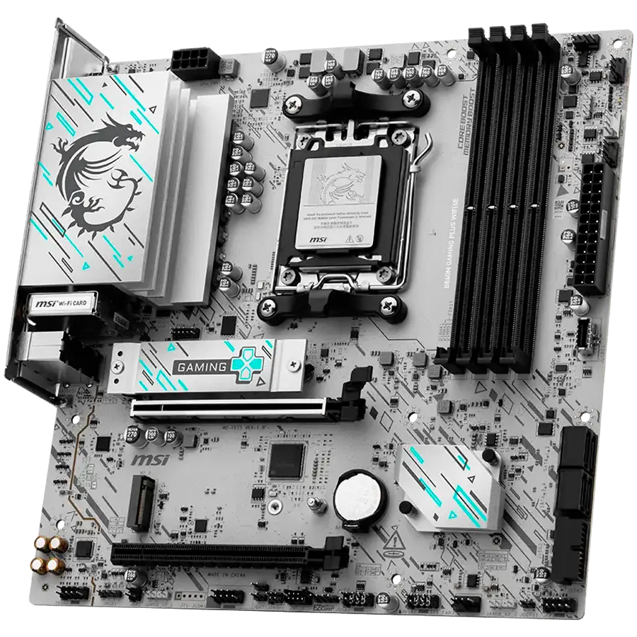 MSI B840M GAMING PLUS WIFI6E, mATX, Socket AM5, 4x DDR5 Dual Channel DDR5 up to 8000(OC)MHz, 2x PCIe x16 slot, 2x M.2 slot, 4x USB 2.0, 2x USB 5Gbps, 1x USB 10Gbps, 1x USB 10Gbps Type-C, HDMI, 7.1 HD Audio, 2.5G LAN, WiFi, BT, 3Y