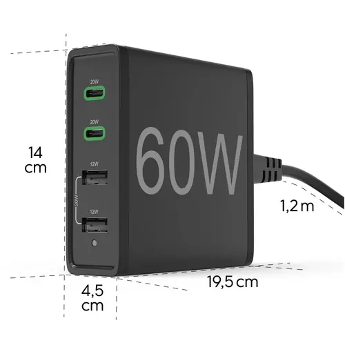 HAMA Зарядна станция 4 порта, 60W, 2 x USB-C, 2 x USB-A, PD, Fast Charge - image 13