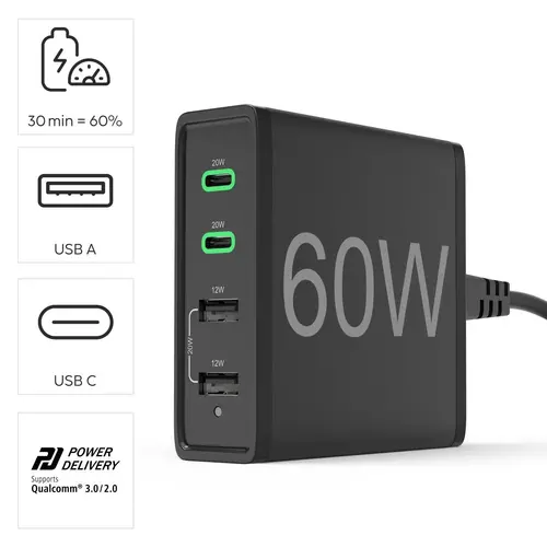 HAMA Зарядна станция 4 порта, 60W, 2 x USB-C, 2 x USB-A, PD, Fast Charge - image 9