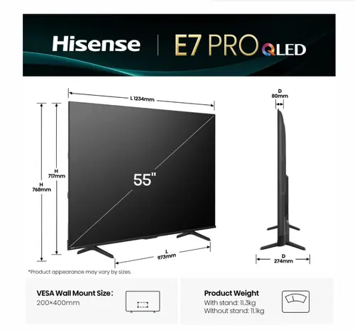 Телевизор, Hisense 55" E7Q Pro, 4K Ultra HD 3840x2160, QLED, Quantum Dot, 144Hz, HDR 10+ adaptive, HLG, Dolby Vision, DTS Virtual X, Smart TV, WiFi 5GHz, WiFi Direct, BT, Anyview Cast, 3xHDMI, 2xUSB, LAN, CI+, DVB-T2/C/S2, Black - image 1