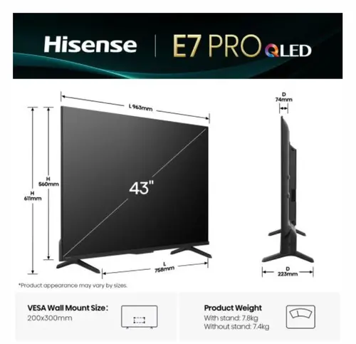 Телевизор, Hisense 43" E7Q Pro, 4K Ultra HD 3840x2160, QLED, Quantum Dot, 144Hz, HDR 10+ adaptive, HLG, Dolby Vision, DTS Virtual X, Smart TV, WiFi 5GHz, WiFi Direct, BT, Anyview Cast, 3xHDMI, 2xUSB, LAN, CI+, DVB-T2/C/S2, Black - image 1