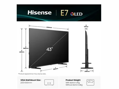 Телевизор, Hisense 43" E7Q, 4K Ultra HD 3840x2160, QLED, Quantum Dot, HDR 10+, HLG, Dolby Vision, Light Sensor, Smart TV, WiFi 5GHz, WiFi Direct, BT, Anyview Cast, 3xHDMI, 2xUSB, LAN, CI+, DVB-T2/C/S2, Black - image 1