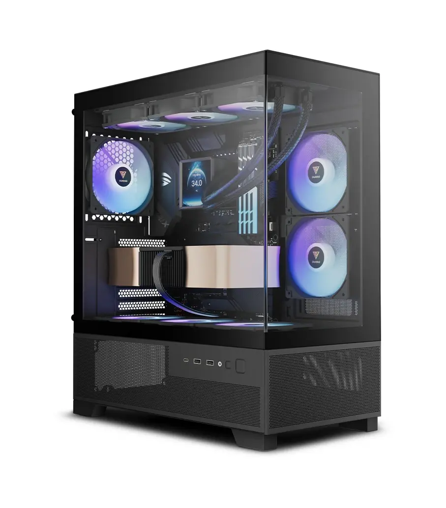 Gamdias carcasă Case mATX - AURA GC12 ARGB BK - 6 x 120 mm A-RGB, USB-C, Tempered Glass