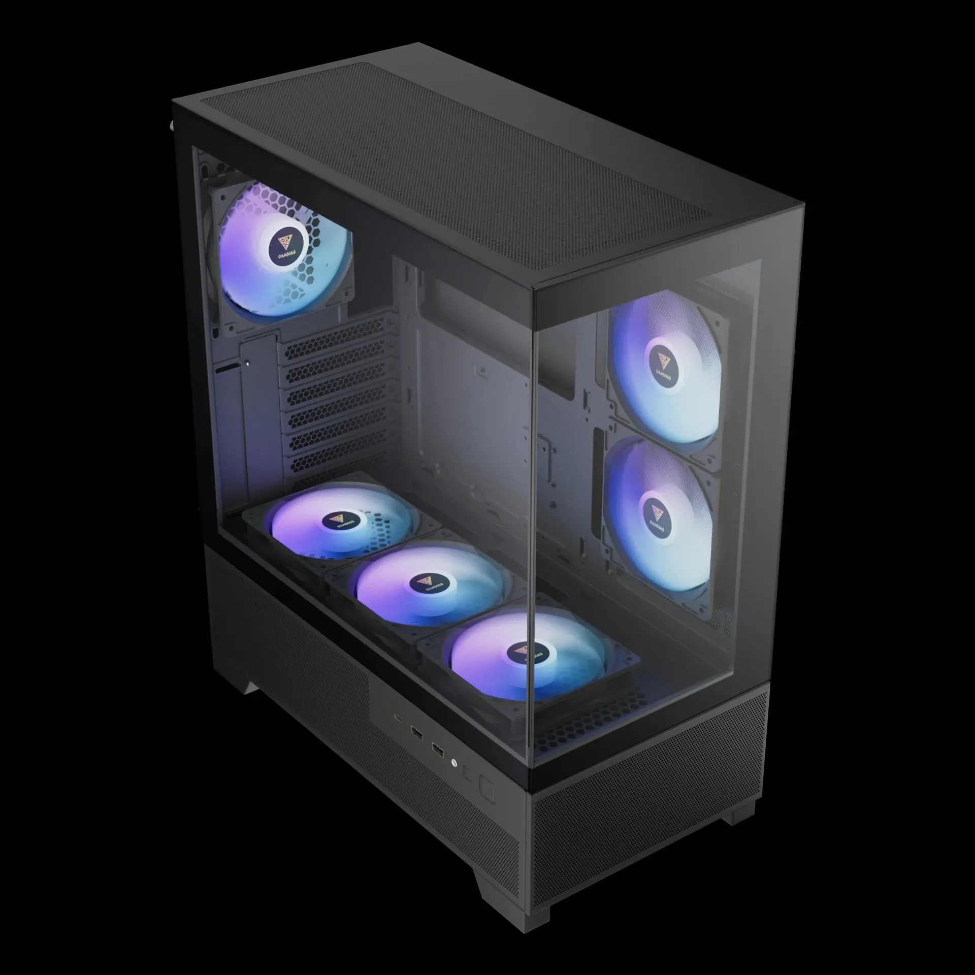 Gamdias кутия Case mATX - AURA GC12 ARGB BK - 6 x 120 mm A-RGB, USB-C, Tempered Glass - image 2