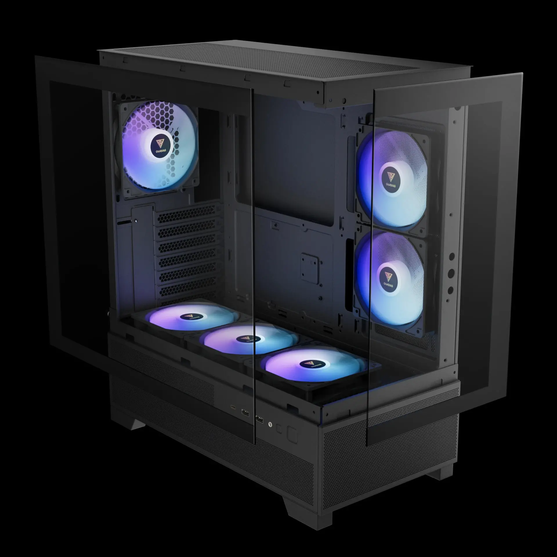 Gamdias кутия Case mATX - AURA GC12 ARGB BK - 6 x 120 mm A-RGB, USB-C, Tempered Glass - image 3