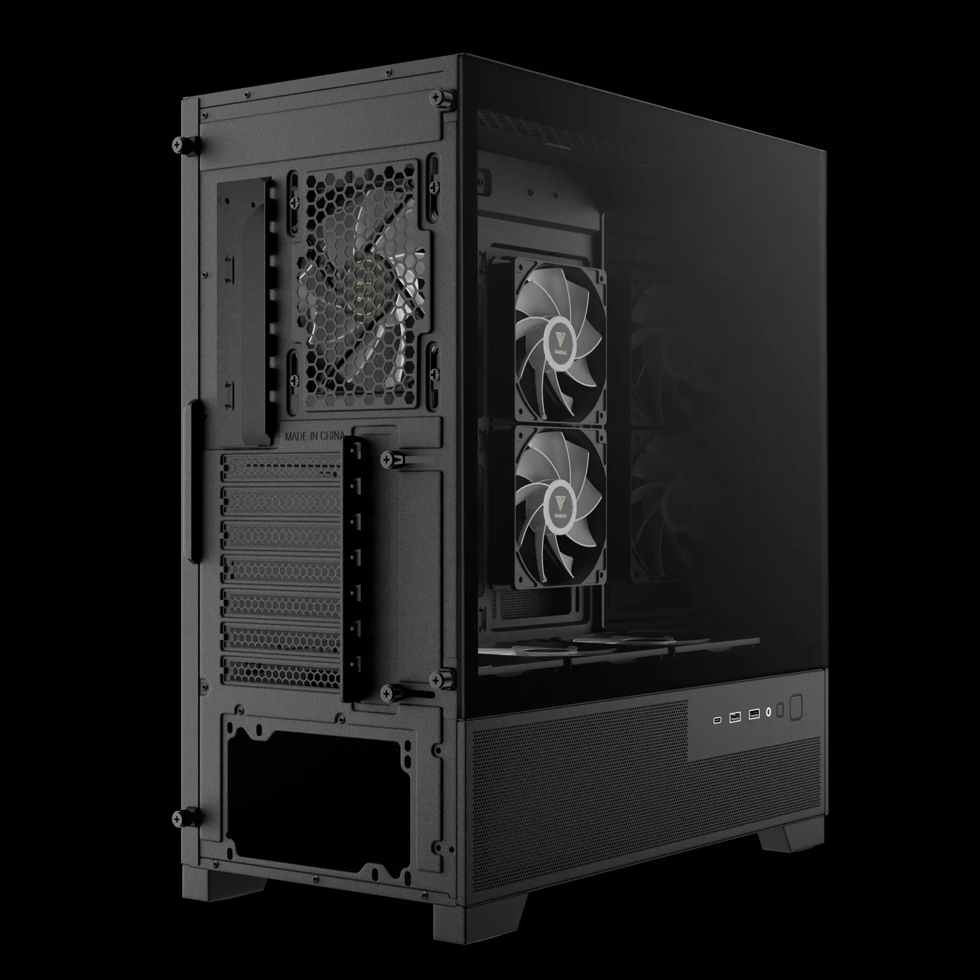 Gamdias кутия Case mATX - AURA GC12 ARGB BK - 6 x 120 mm A-RGB, USB-C, Tempered Glass - image 7