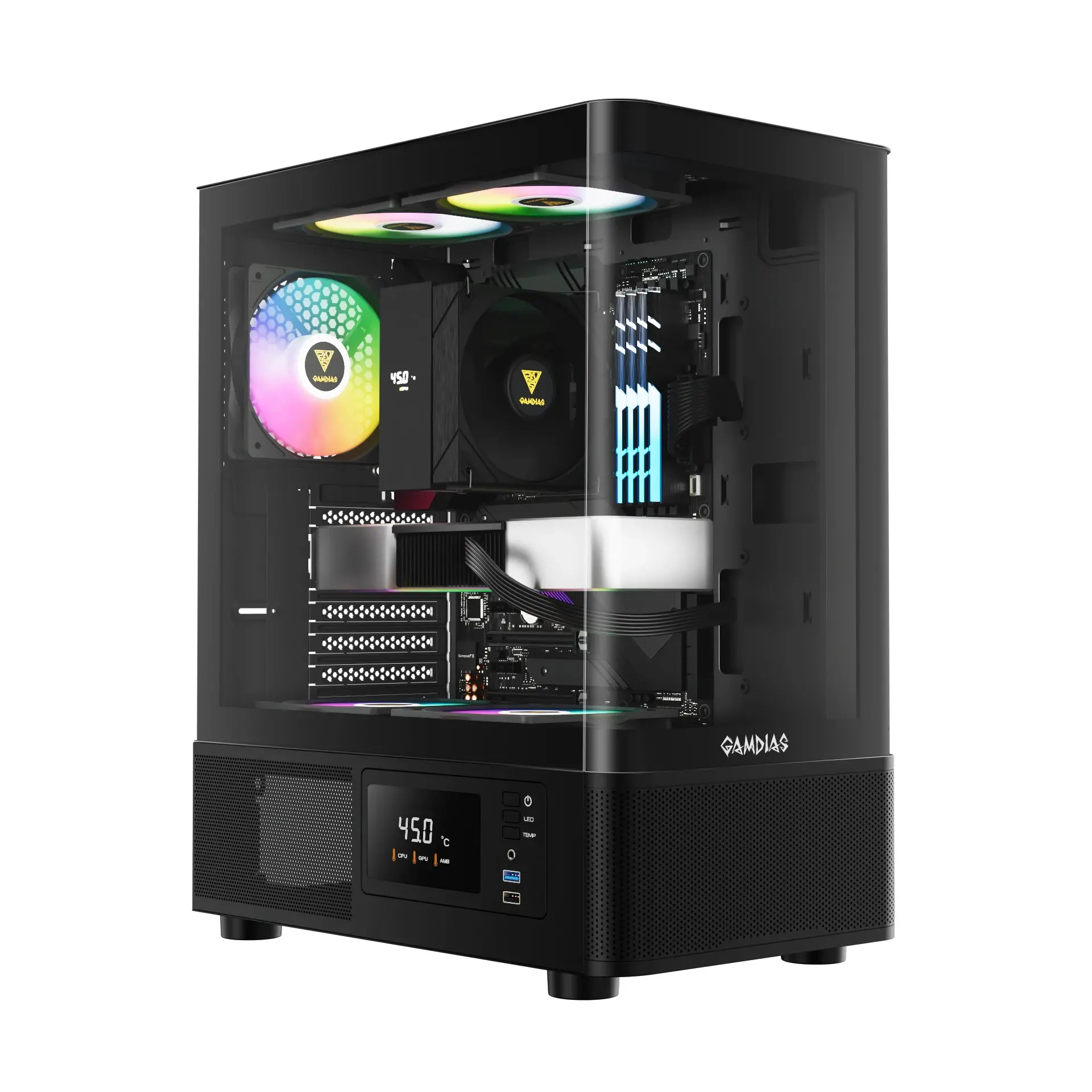 Gamdias κουτί Case ATX - ATLAS E2 - 3 x 120 mm A-RGB, Digital Display, Curved Glass