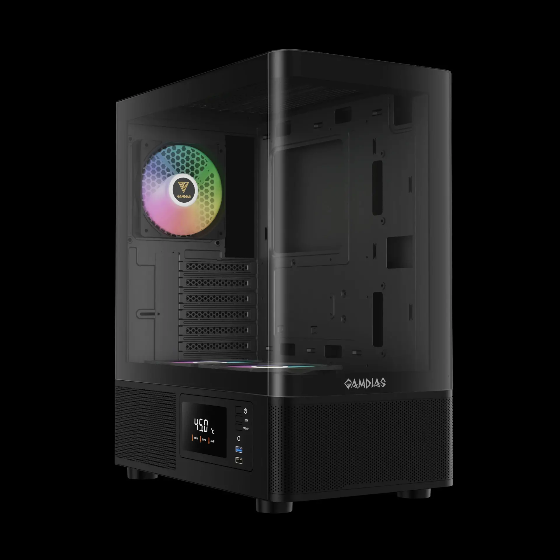Gamdias кутия Case ATX - ATLAS E2 - 3 x 120 mm A-RGB, Digital Display, Curved Glass - image 1