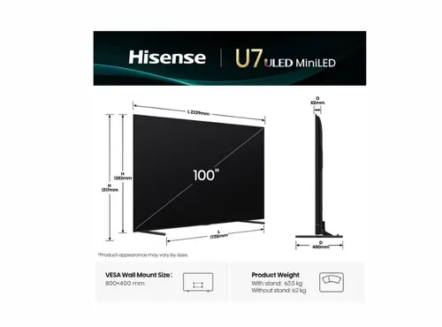 Телевизор, Hisense, 100''  U7Q,ULED Smart, FALD, 165Hz, 5000:1,Quantum Dot, Dolby vision IQ,Vidaa, ADS, Black - image 1