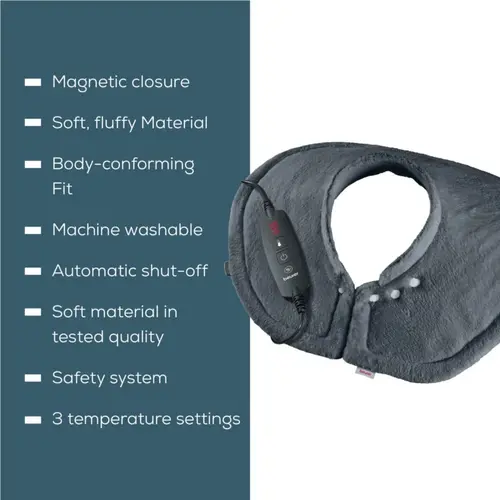 Термоподложка, Beurer HK 66 Cosy Grey Shoulder & Neck Heat Pad; 3 temperature settings; auto switch-off after 90 min; washable on 30°; removable switch; fleece fibre;56(L)x52(W) cm - image 1