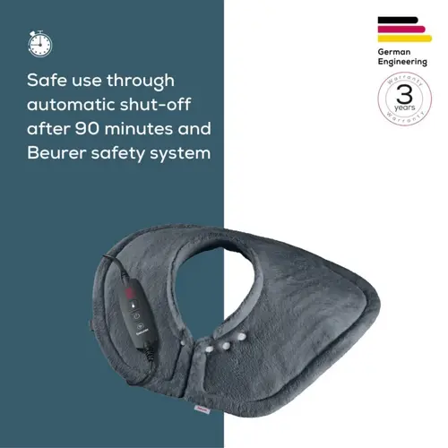 Термоподложка, Beurer HK 66 Cosy Grey Shoulder & Neck Heat Pad; 3 temperature settings; auto switch-off after 90 min; washable on 30°; removable switch; fleece fibre;56(L)x52(W) cm - image 3