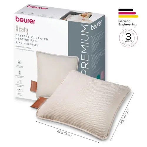 Термоподложка, Beurer HK 77 Heaty cashmere-creme; lithium-ion battery; Soft velvet cushion cover machine-washable at 30°C; 3 temperature settings; Fast heating; BSS; 45(L)x45(W) cm - image 2