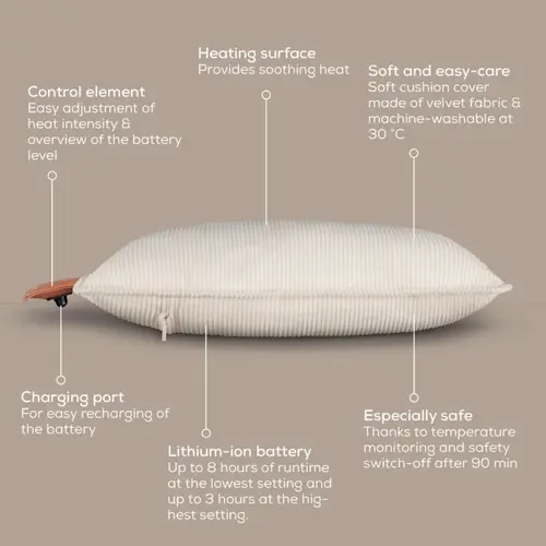 Термоподложка, Beurer HK 77 Heaty cashmere-creme; lithium-ion battery; Soft velvet cushion cover machine-washable at 30°C; 3 temperature settings; Fast heating; BSS; 45(L)x45(W) cm - image 3