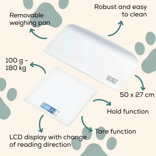Везна, Beurer PP 170 Polly Multifunctional pet scale;Detailed graduation (10 g to 5 kg, 50 g to 50 kg, 100 g to 180 kg);Easy-to-read LCD display - image 5