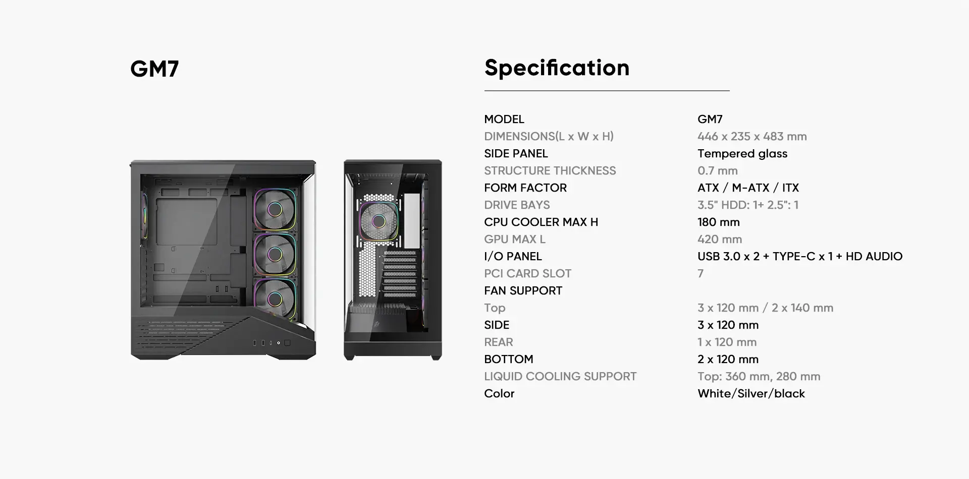 1stPlayer кутия Case ATX - GM7 Black - 4 x 120 mm A-RGB fans included, USB-C - image 5