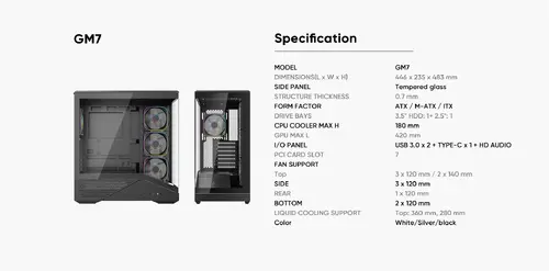 1stPlayer кутия Case ATX - GM7 Black - 4 x 120 mm A-RGB fans included, USB-C - image 5