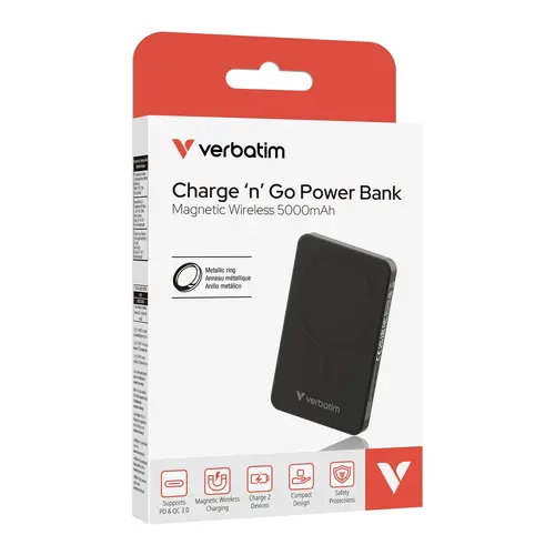 Външна батерия, Verbatim Charge 'n' Go Essentials Power Bank Magnetic Wireless 5000mAh Black - image 3