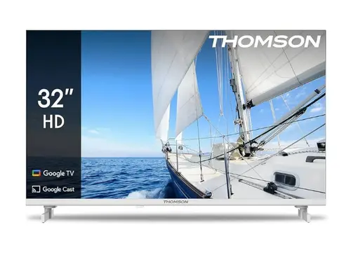 Телевизор, Thomson 32" HD Google TV; 1366 x 768 (HD), DLED, 60 Hz, HDR10, Dolby Audio, Google Cast, DVB-T/T2/C/S/S2, Wi-Fi, Bluetooth, LAN, HDMI 3 (1.4), USB 2 (2.0), AV IN, Hotel mode, Adjustable Side Feet, White