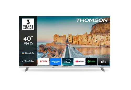 Телевизор, Thomson 40" FHD Google TV; 1920 x 1080 (FHD), DLED, 60 Hz, HDR10, Dolby Audio, Google Cast, DVB-T/T2/C/S/S2, Wi-Fi, Bluetooth, LAN, HDMI 3 (1.4), USB 2 (2.0), Hotel mode, Side Feet, White