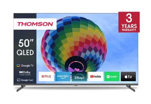 Телевизор, Thomson 50" QLED Google TV; 3840 x 2160 (4K UHD), QLED, 60 Hz, DVB-T/T2/C/S/S2, HDR10, Wi-Fi, Bluetooth, LAN, HDMI 2 (2.0) + 2 (2.1), USB 2 (2.0) + 1 (3.0), Side Feet, Dark gray