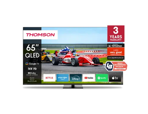 Телевизор, Thomson Smart QLED Pro TV 65"; Google TV; 3840 x 2160 (4K UHD), DLED, 144 Hz, DVB-T/T2/C/S/S2, HDR10, Wi-Fi, Bluetooth, LAN, HDMI 4 (2.1), USB 2 (2.0) + 1 (3.0), Central Swivel Stand, Black