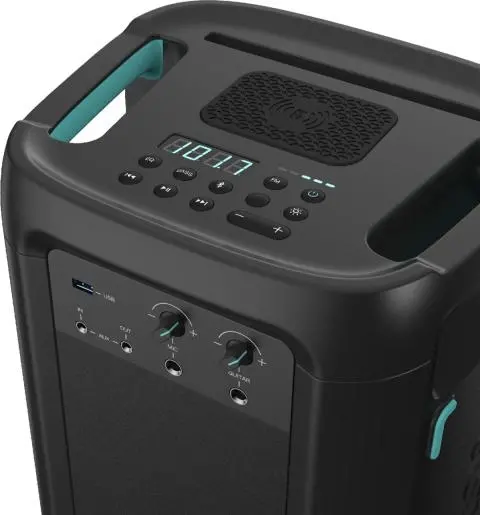 Аудио система, Hisense Party Rocker One Plus (HP110) Bluetooth Speaker with 300W Power, Built-in Woofer, Karaoke Mode, Built-in Wireless Charging Pad, AUX Input and Output, USB, 15 Hour Long-Lasting Battery 4 x 2500Ah, 2x mics included, Black - image 4