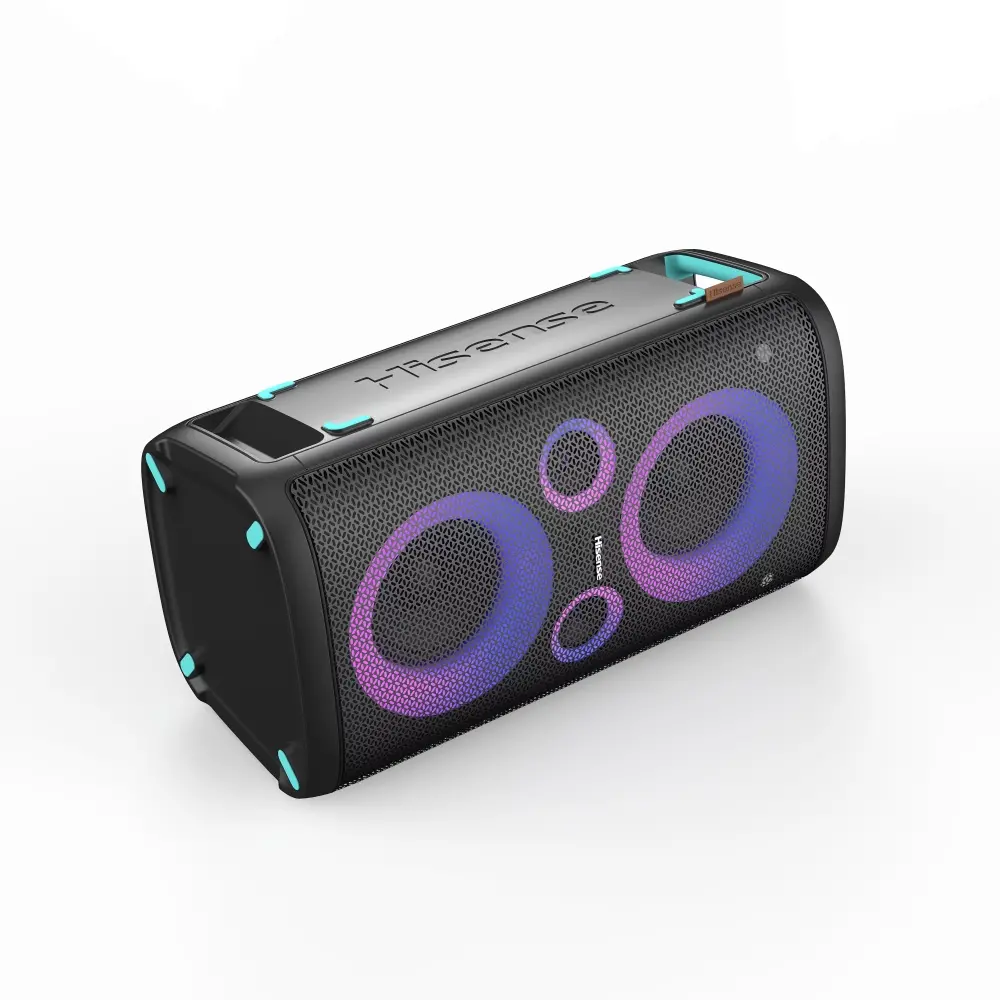Аудио система, Hisense Party Rocker One Plus (HP110) Bluetooth Speaker with 300W Power, Built-in Woofer, Karaoke Mode, Built-in Wireless Charging Pad, AUX Input and Output, USB, 15 Hour Long-Lasting Battery 4 x 2500Ah, 2x mics included, Black - image 6