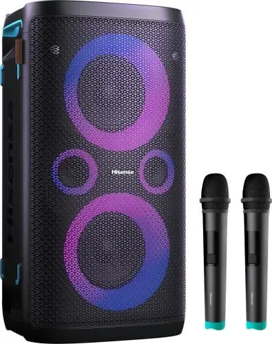 Аудио система, Hisense Party Rocker One Plus (HP110) Bluetooth Speaker with 300W Power, Built-in Woofer, Karaoke Mode, Built-in Wireless Charging Pad, AUX Input and Output, USB, 15 Hour Long-Lasting Battery 4 x 2500Ah, 2x mics included, Black