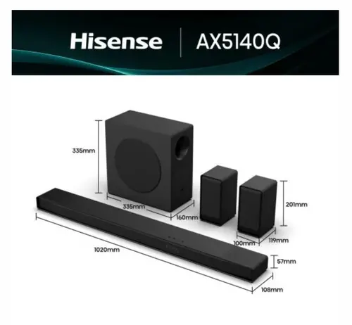 Аудио система, Hisense AX5140Q,  5.1.4Ch Sound Bar with Wireless Subwoofer, 600W, Dolby Atmos, Bluetooth 5.3, 4K HDMI Pass Through, DTS:X, HDMI/AUX/ARC/Optical/USB, 7 EQ Modes, Black - image 1