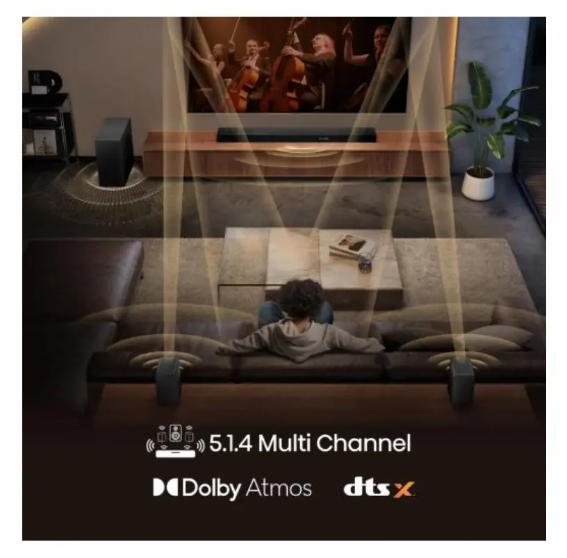 Аудио система, Hisense AX5140Q, 5.1.4Ch Sound Bar with Wireless Subwoofer, 600W, Dolby Atmos, Bluetooth 5.3, 4K HDMI Pass Through, DTS:X, HDMI/AUX/ARC/Optical/USB, 7 EQ Modes, Black - image 2