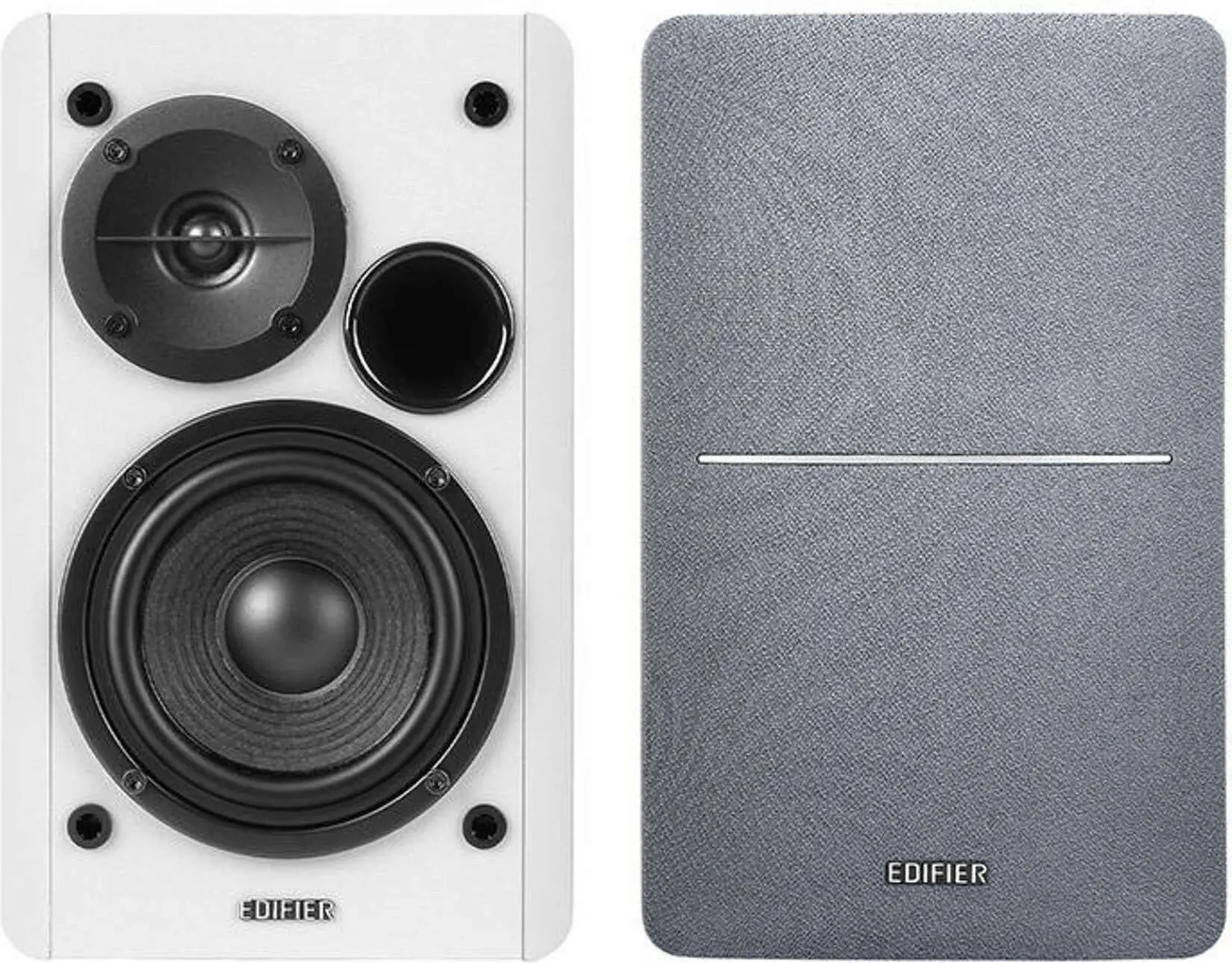 Edifier R1280T 2.0 Bookshelf Speakers, RCA, 0.5-inch Tweeters, 4-inch Drivers, 42W (RMS), Control Knobs and Remote Control, White/Silver
