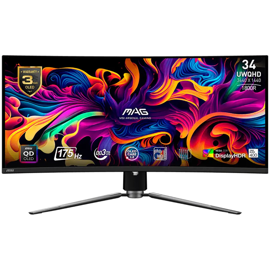 MSI MAG 341CQP QD-OLED Monitor gaming curbat, 34" 175Hz, UWQHD (3440x1440) 21:9, QD-OLED, 1800R, 0.03ms, 250nits, 1500000:1, 178/178, AMD FreeSync