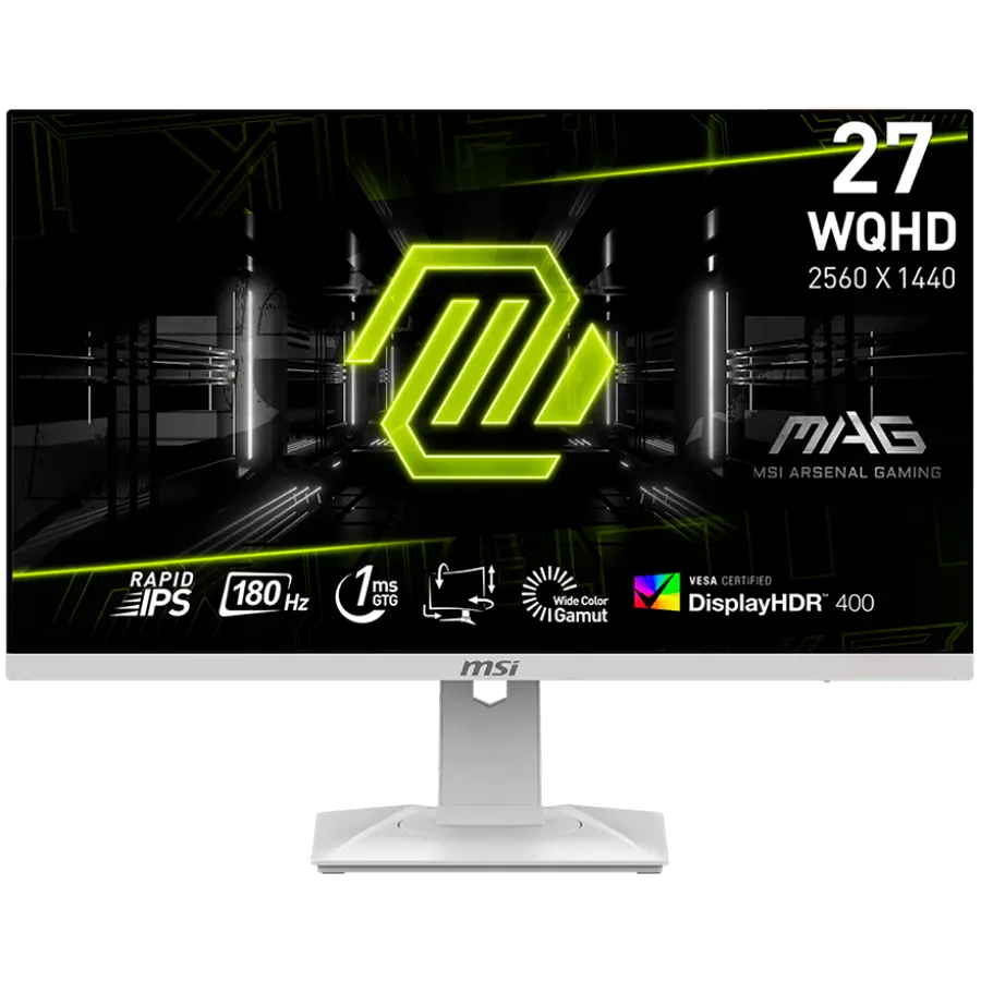 MSI MAG 274QRFW Gaming Monitor, 27" 180Hz, WQHD (2560x1440) 16:9, Rapid IPS Anti-glare, 1ms, 400nits, 1000:1, 178/178, AMD FreeSync, DisplayHDR 400, Adjustable Stand, 1x DP, 2x HDMI, 1x Headphone out, White, 3Y Warranty
