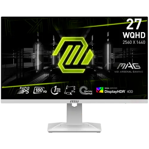 MSI MAG 274QRFW Gaming Monitor, 27" 180Hz, WQHD (2560x1440) 16:9, Rapid IPS Anti-glare, 1ms, 400nits, 1000:1, 178/178, AMD FreeSync, DisplayHDR 400, Adjustable Stand, 1x DP, 2x HDMI, 1x Headphone out, White, 3Y Warranty - 1