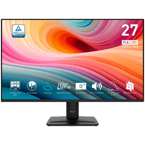 MSI PRO MP275 E2 Professional Business Monitor, 27" 120Hz, FHD (1920x1080) 16:9, IPS Anti-glare, 1ms/4ms, 300nits, 1500:1, 178/178, Adaptive-Sync, HDR Ready, Tilt, Speakers, 1x DP, 1x HDMI, 1x D-Sub, 3Y Warranty