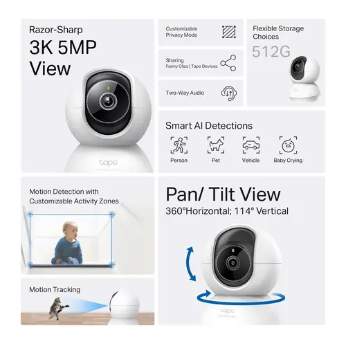 TP LINK Κάμερα ασφαλείας για το σπίτι με AI, 3K 5MP (2880×1620 px), H.264, microSD, 2.4 GHz Wi-Fi - 3