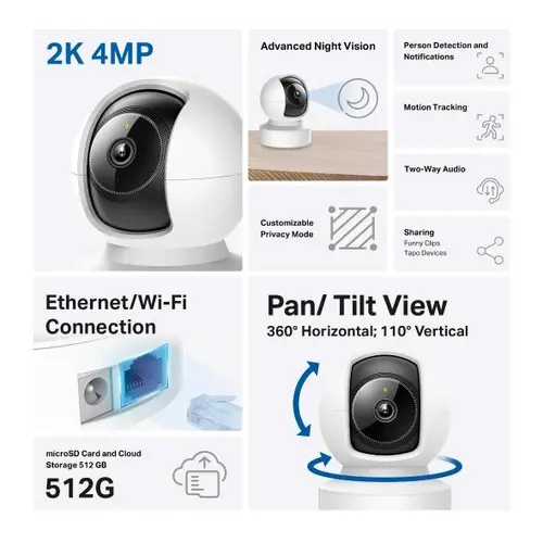 Κάμερα IP τύπου dome TP-Link Tapo C222, 2560x1440@30fps, Pan/Tilt, H.264, microSD, Wi-Fi, ήχος, RJ-45 - 2