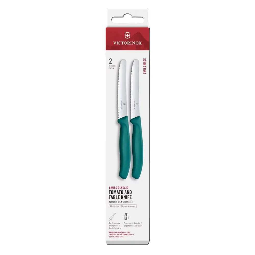 Set de două cuțite pentru roșii Victorinox Swiss Classic 11 cm, lamă zimțată, verzi, cutie