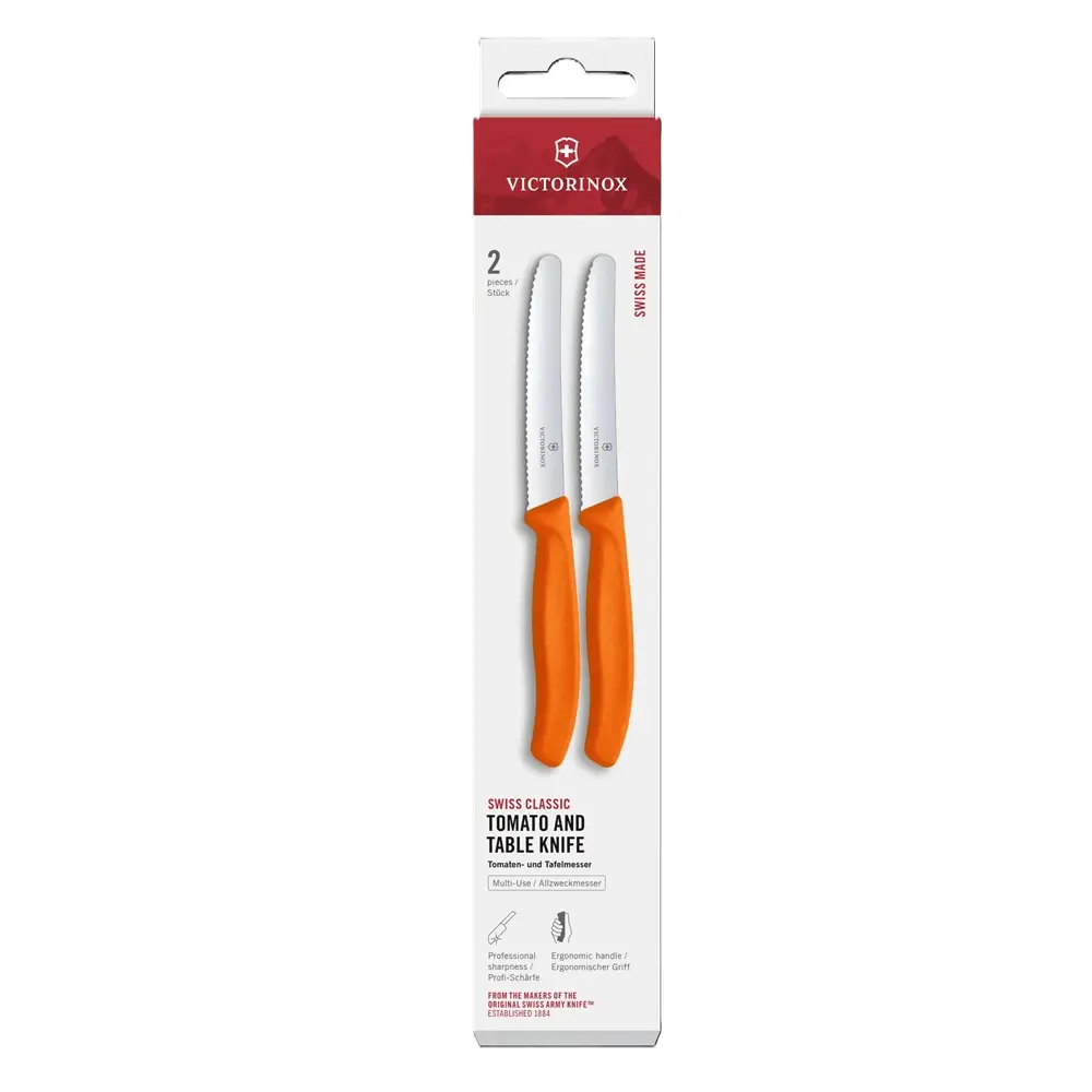 Σετ δύο μαχαίρια ντομάτας Victorinox Swiss Classic 11 εκ., οδοντωτή λεπίδα, πορτοκαλί, κουτί