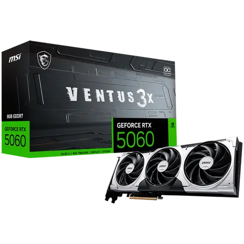 MSI Video Card NVIDIA GeForce RTX 5060 8G VENTUS 3X OC, 8GB GDDR7, 128-bit, 2550 MHz Boost, 3840 CUDA Cores, PCIe 5.0 (x8), 3x DP 2.1b, HDMI 2.1b, RAY TRACING, Triple Fan, 155W TDP, 8-pin PCIe Power, G-SYNC, 3Y