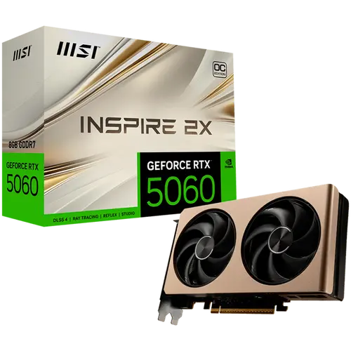 MSI Video Card NVIDIA GeForce RTX 5060 8G INSPIRE 2X OC, 8GB GDDR7, 128-bit, 2535 MHz Boost, 3840 CUDA Cores, PCIe 5.0 (x8), 3x DP 2.1b, HDMI 2.1b, RAY TRACING, Dual Fan, 145W TDP, 8-pin PCIe Power, G-SYNC, 2-Slot, 3Y