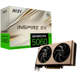 MSI Video Card NVIDIA GeForce RTX 5060 8G INSPIRE 2X OC, 8GB GDDR7, 128-bit, 2535 MHz Boost, 3840 CUDA Cores, PCIe 5.0 (x8), 3x DP 2.1b, HDMI 2.1b, RAY TRACING, Dual Fan, 145W TDP, 8-pin PCIe Power, G-SYNC, 2-Slot, 3Y