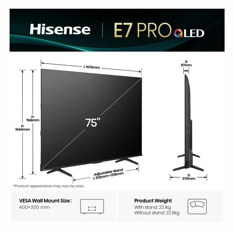 Телевизор, Hisense 75" E7Q Pro, 4K Ultra HD 3840x2160, QLED, Quantum Dot, 144Hz, HDR 10+ adaptive, HLG, Dolby Vision, Hi-Concerto,Dolby Vision Atmos, Smart TV, WiFi 5GHz, WiFi Direct,Light Sensor, BT, Anyview Cast, 4xHDMI, 2xUSB, LAN, CI+, DVB-T2/C/S2, Black - image 1