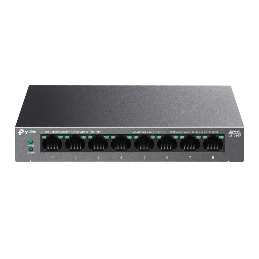 Комутатор TP-LINK LS108GP, 8 гигабитни порта PoE+, метален, desktop