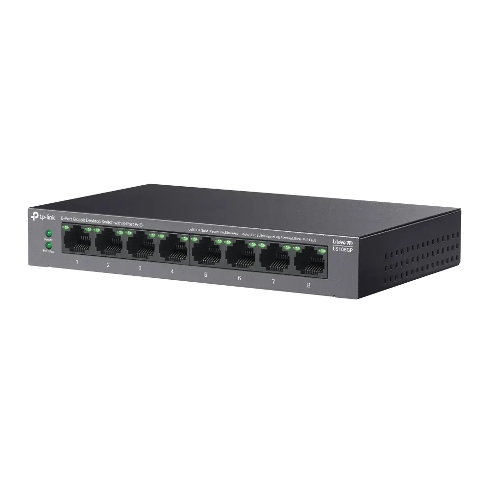 Комутатор TP-LINK LS108GP, 8 гигабитни порта PoE+, метален, desktop - image 2