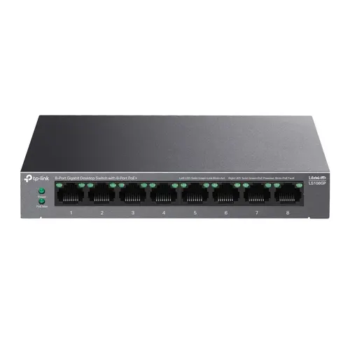 Комутатор TP-LINK LS108GP, 8 гигабитни порта PoE+, метален, desktop