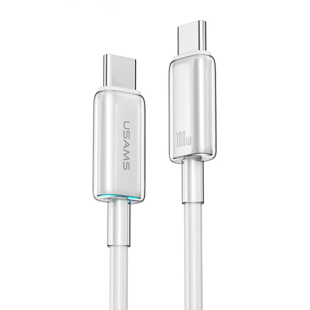 Cablu de încărcare rapidă și date USAMS SJ660 PD100W Type-C la Type-C transparent cu indicator luminos 1.2m, alb