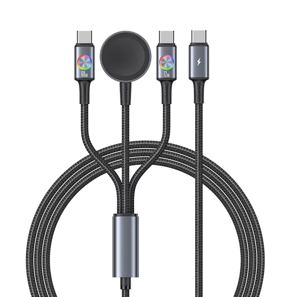 Кабел за бързо зареждане и данни USAMS SJ754 72W With Colorful Light Type-C To Type-C + Type-C + Watch Wireless Charger